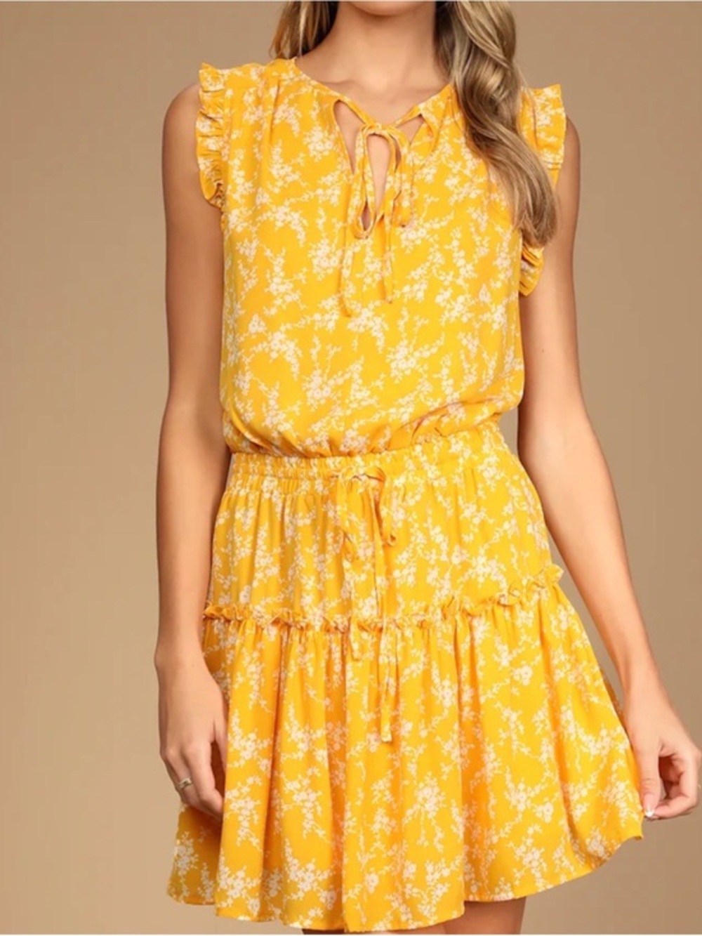 Pinch Yellow Floral Tie-Neck Ruffle Mini Dress size large lulus